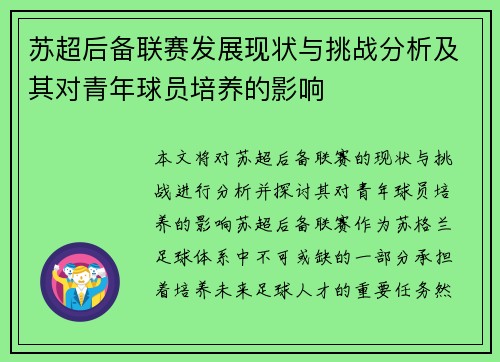 苏超后备联赛发展现状与挑战分析及其对青年球员培养的影响